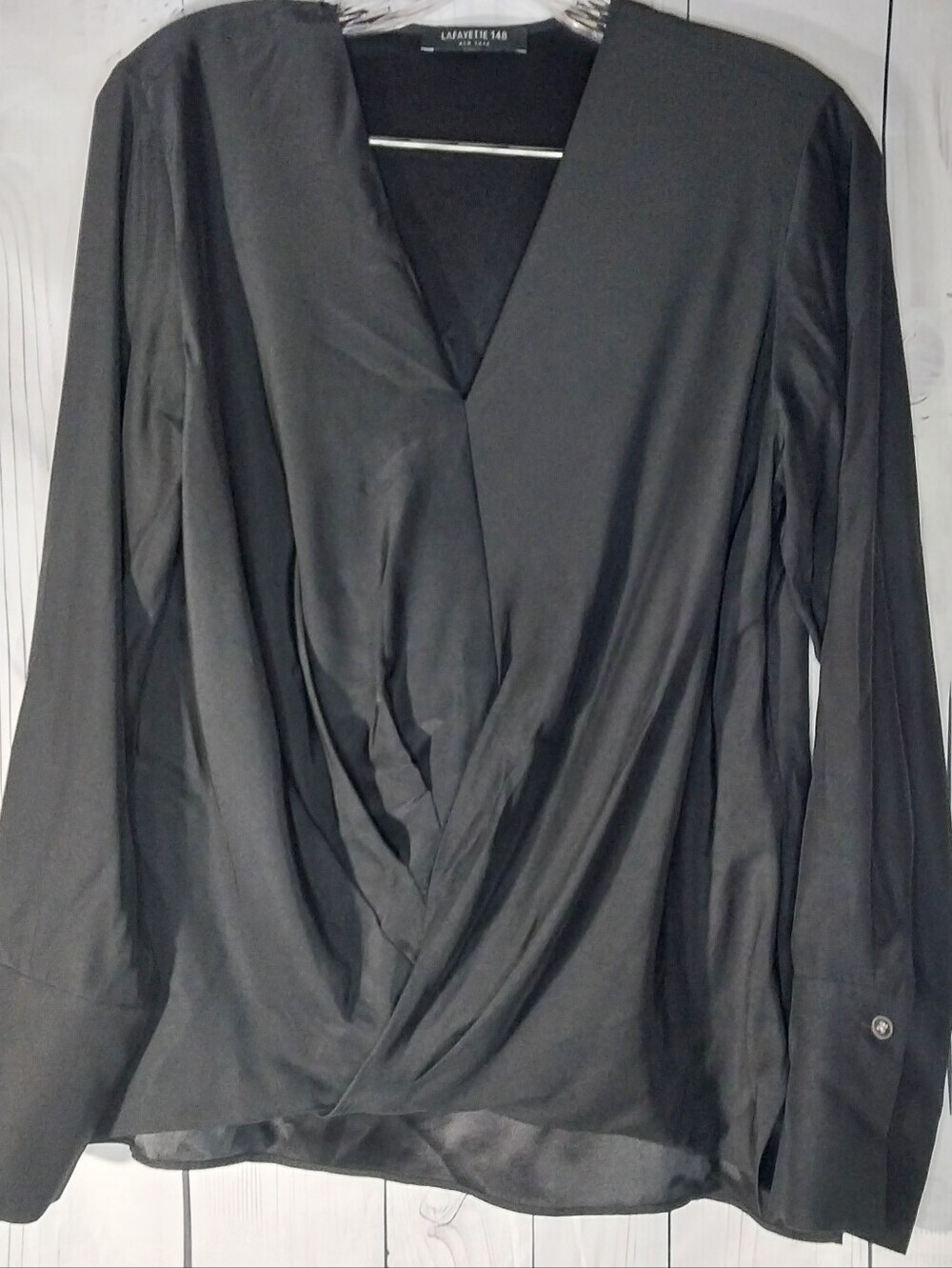 Lafayette 148 New York Silk Minimalist Black Draped V-Neck Faux-Wrap Blouse